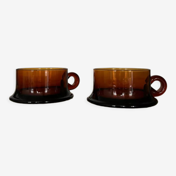 Set of 2 stamped amber glass cups, Italy 1970