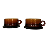 Set of 2 stamped amber glass cups, Italy 1970