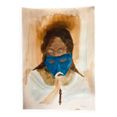 Tableau signé portrait féminin au carnaval de Venise « le masque bleu »