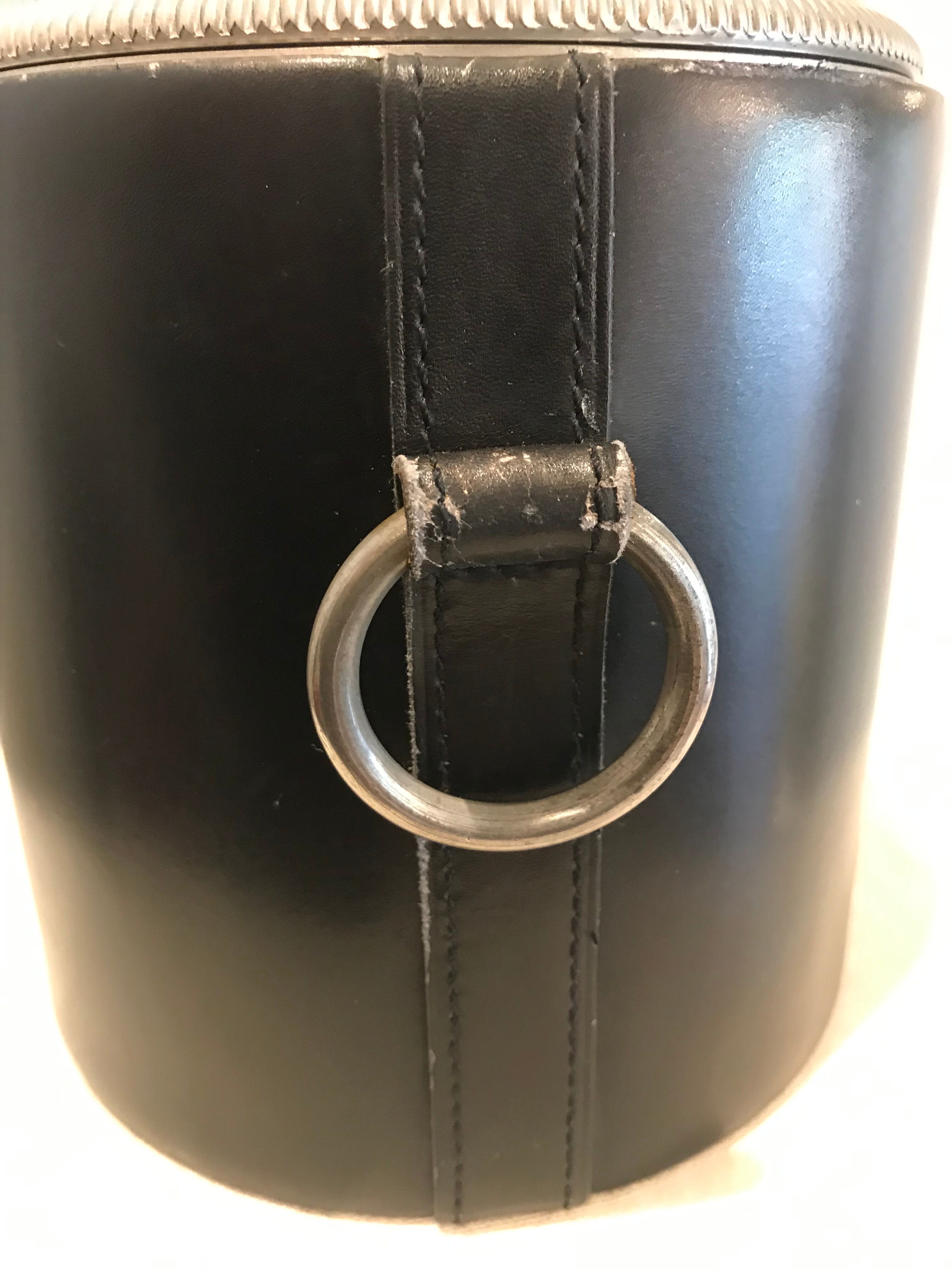 Round black leather ice bucket