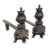 Vintage fireplace andirons, pair of cast iron Bacchus head andirons, fireplace accessories