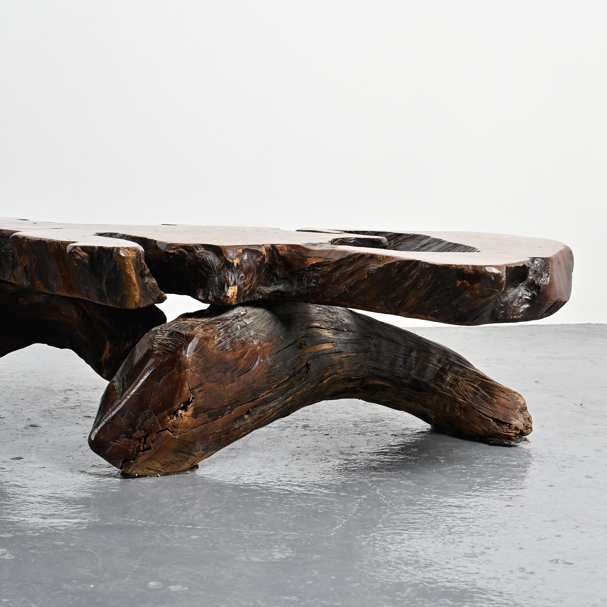 Table basse brutaliste en loupe d'orme, circa 1960