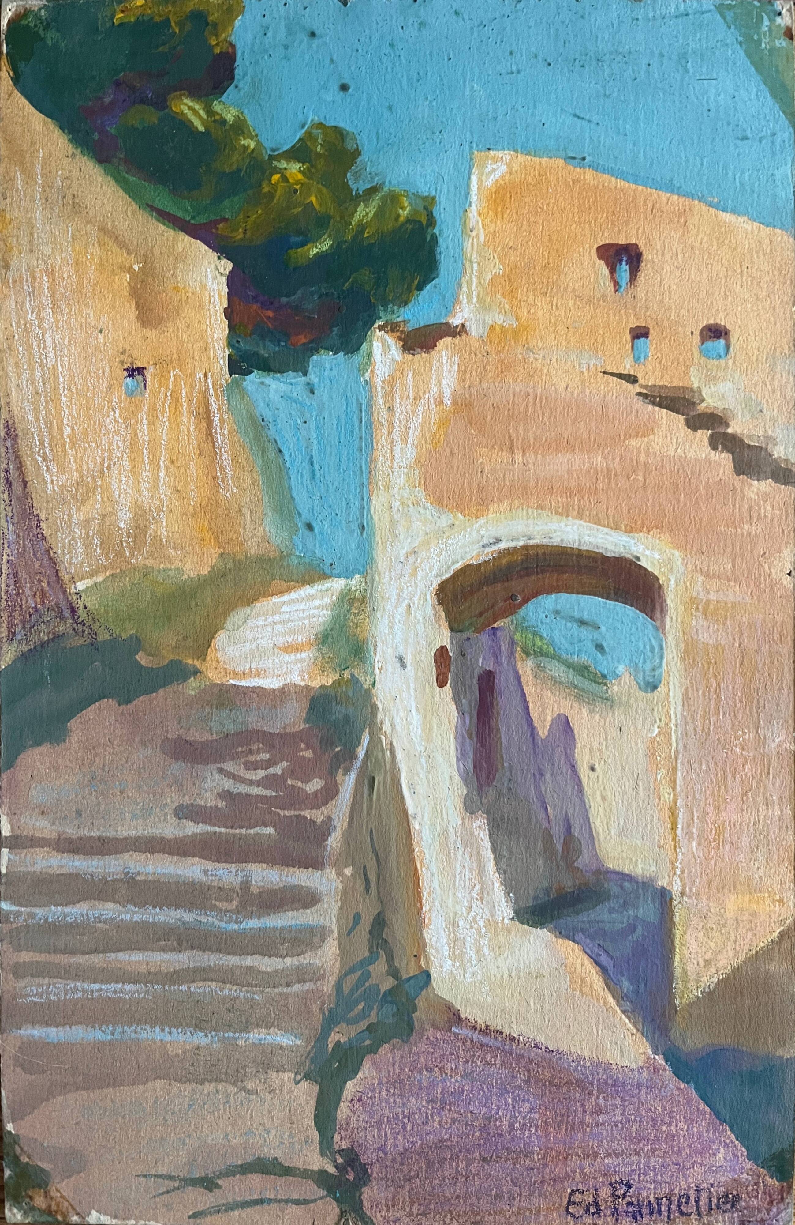 Paintings set of 4 drawings by Ed. Pannetier (1884-1965) Provence Côte d'Azur