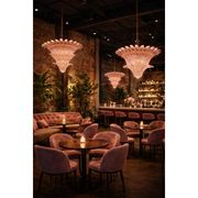 Pair of Iconic Mid-Century Modern Pink “Palmette” Murano Glass Chandeliers