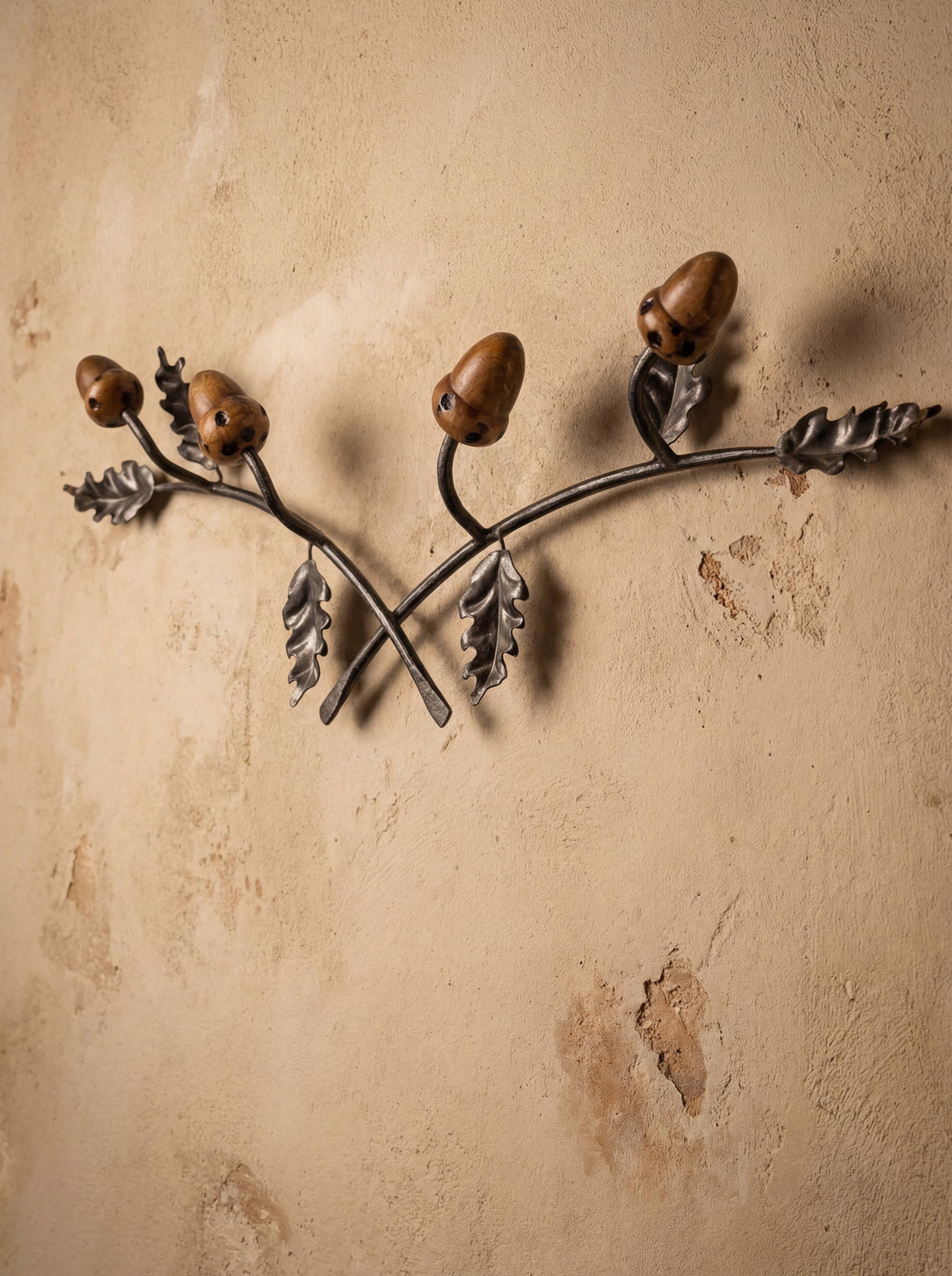 Signed Hand-Forged Iron & Wood Acorn Coat Rack, 1960s