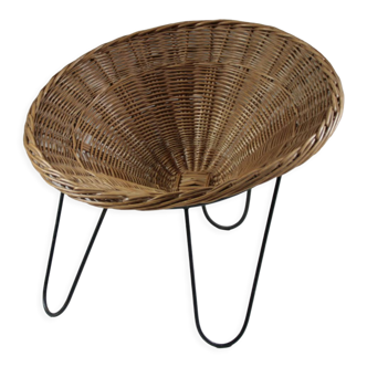 Conical wicker basket armchair and metal legs, 1950s