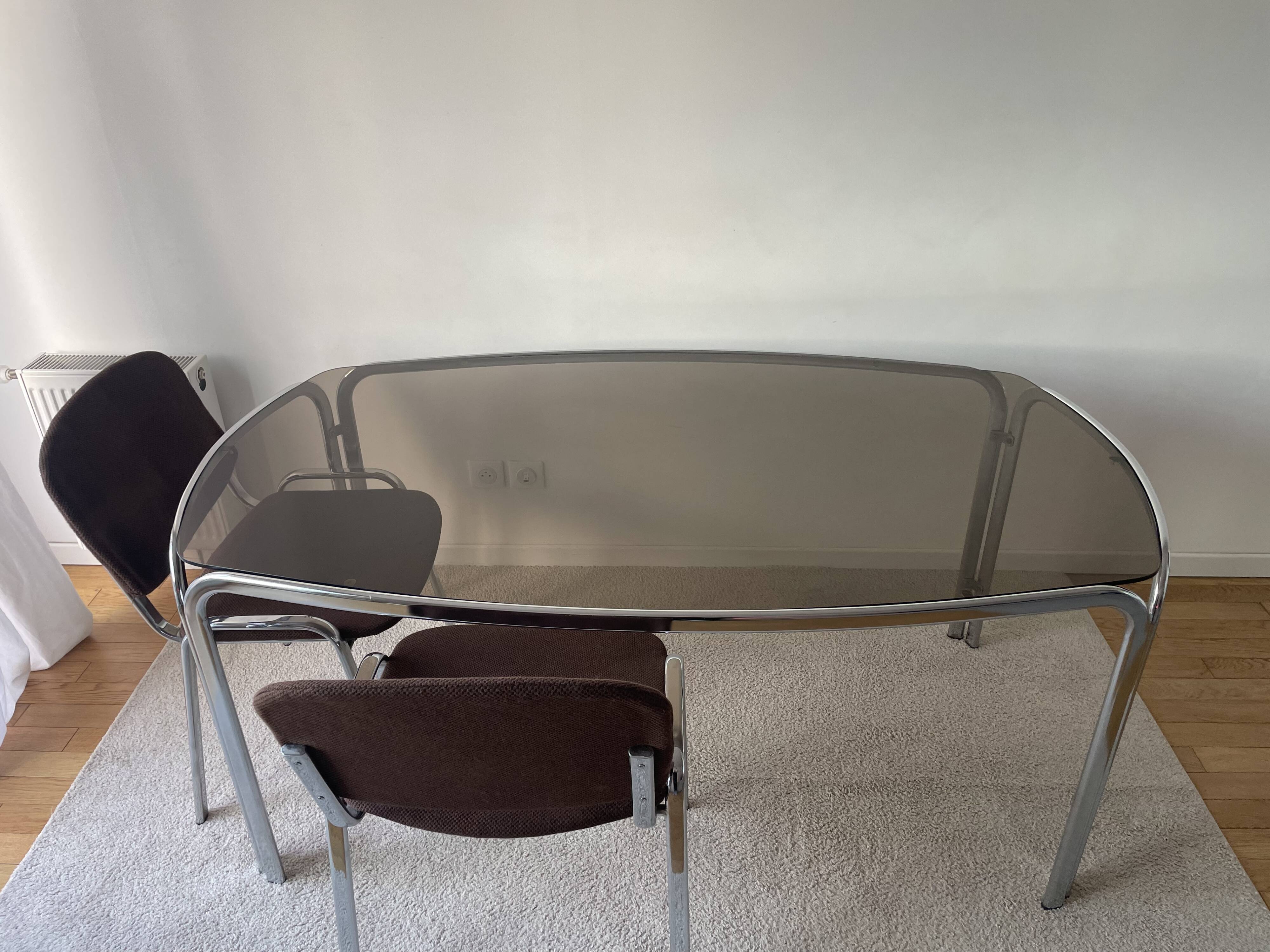 Space age dining table in smoked glass & chrome