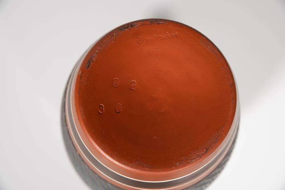 Vintage handmade ceramic vase, terracotta and oil.