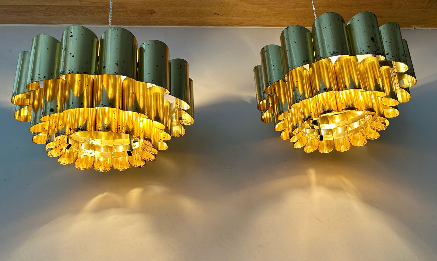 Pair of pendant lamps vintage Thorsten Orrling,solid brass, Suede 1960