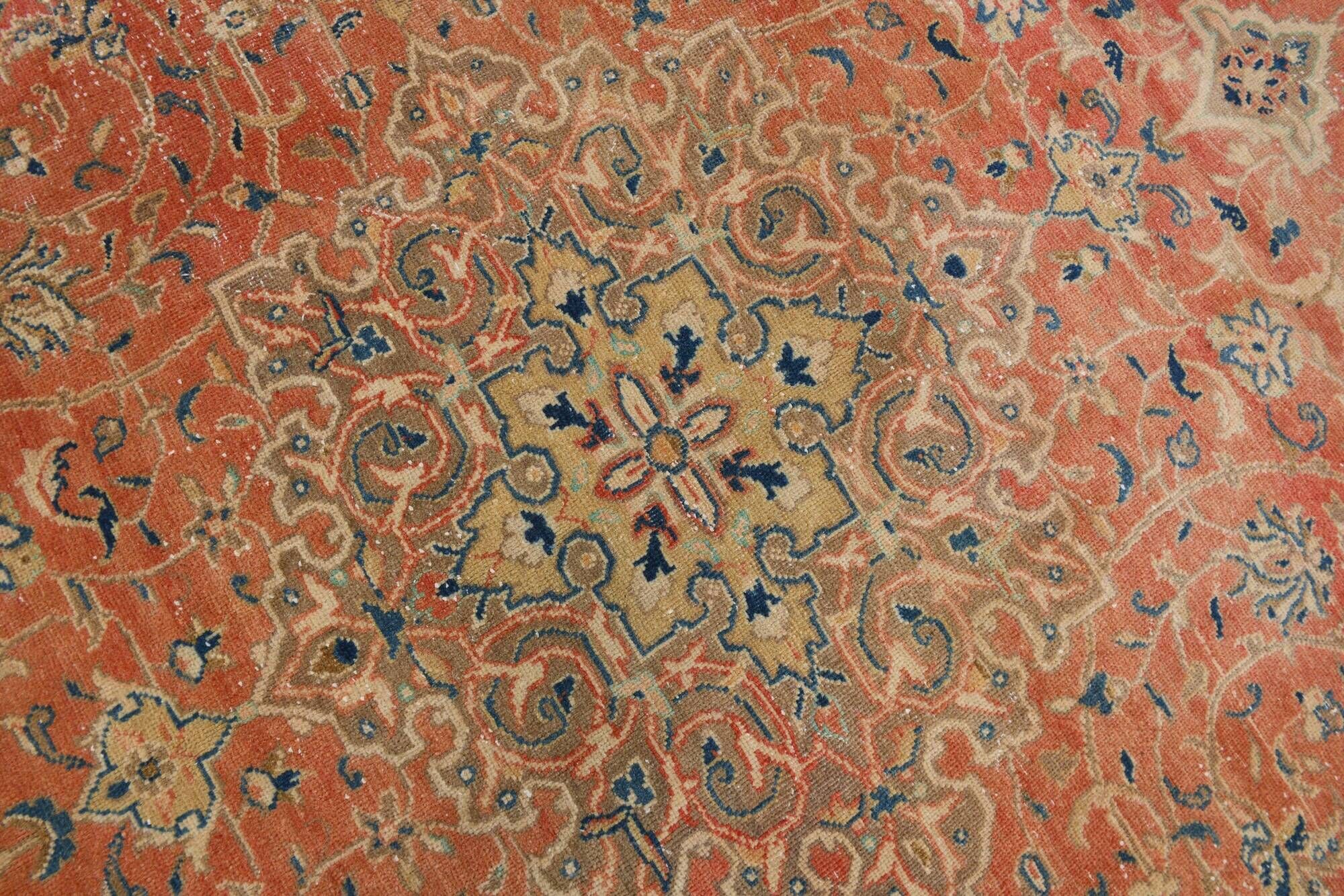 Vintage Turkish wool rug in terracotta beige with flowers, 10 × 13 feet.
