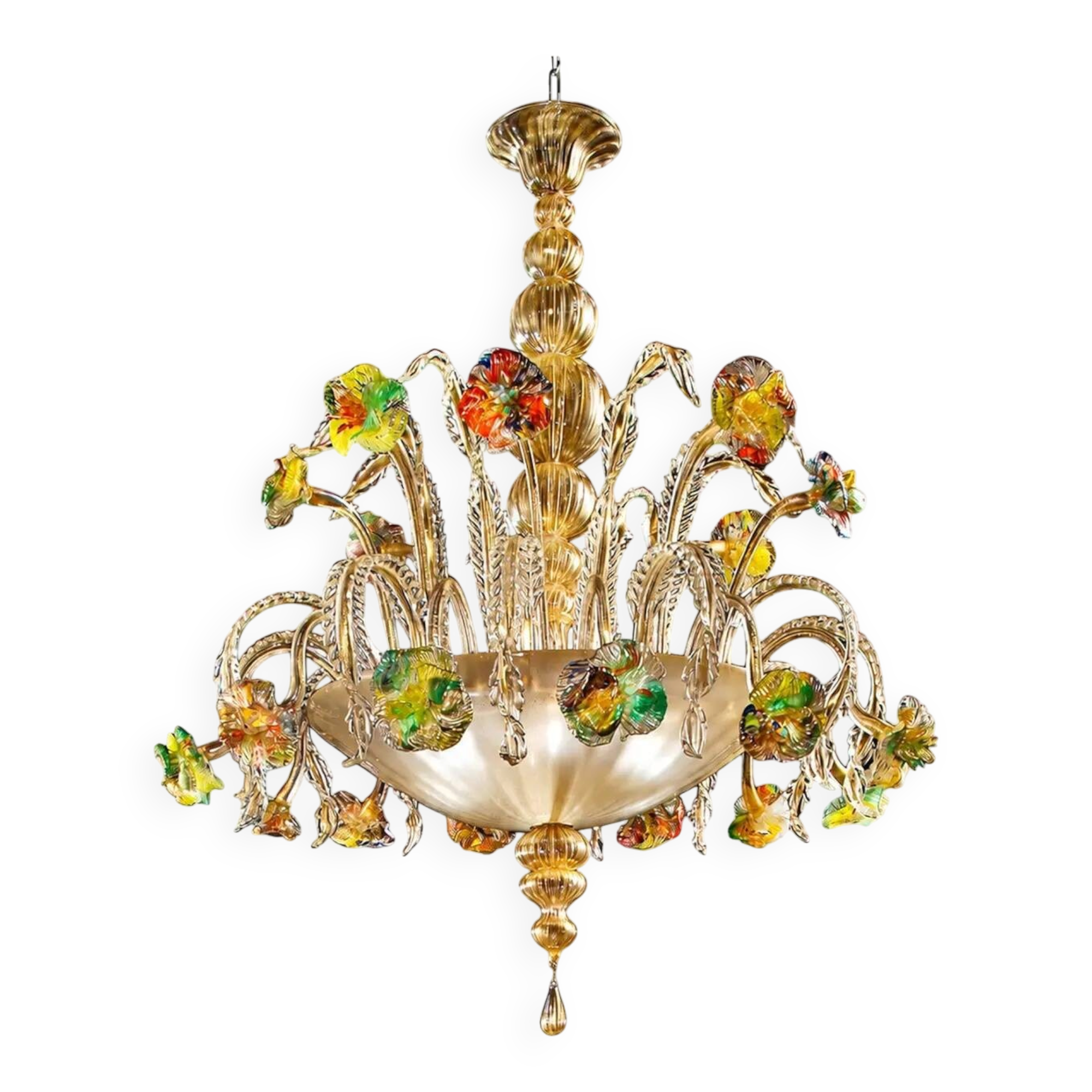 Contemporary Lively Transparent and Gold Floral Chandelier in Murano Glass
