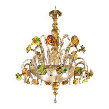 Contemporary Lively Transparent and Gold Floral Chandelier in Murano Glass