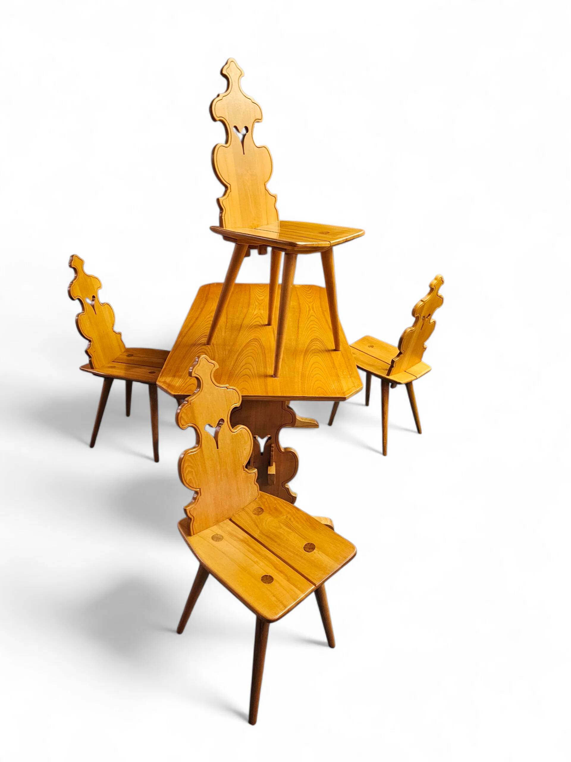 Chaises et table Cepelia Tiroler, ensemble de 5 pièces, Pologne, années 1960, marquées.