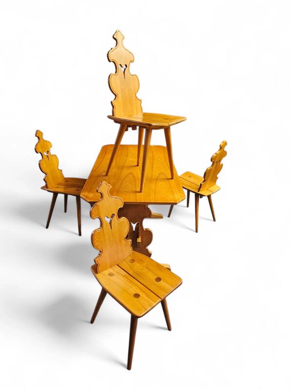 Chaises et table Cepelia Tiroler, ensemble de 5 pièces, Pologne, années 1960, marquées.