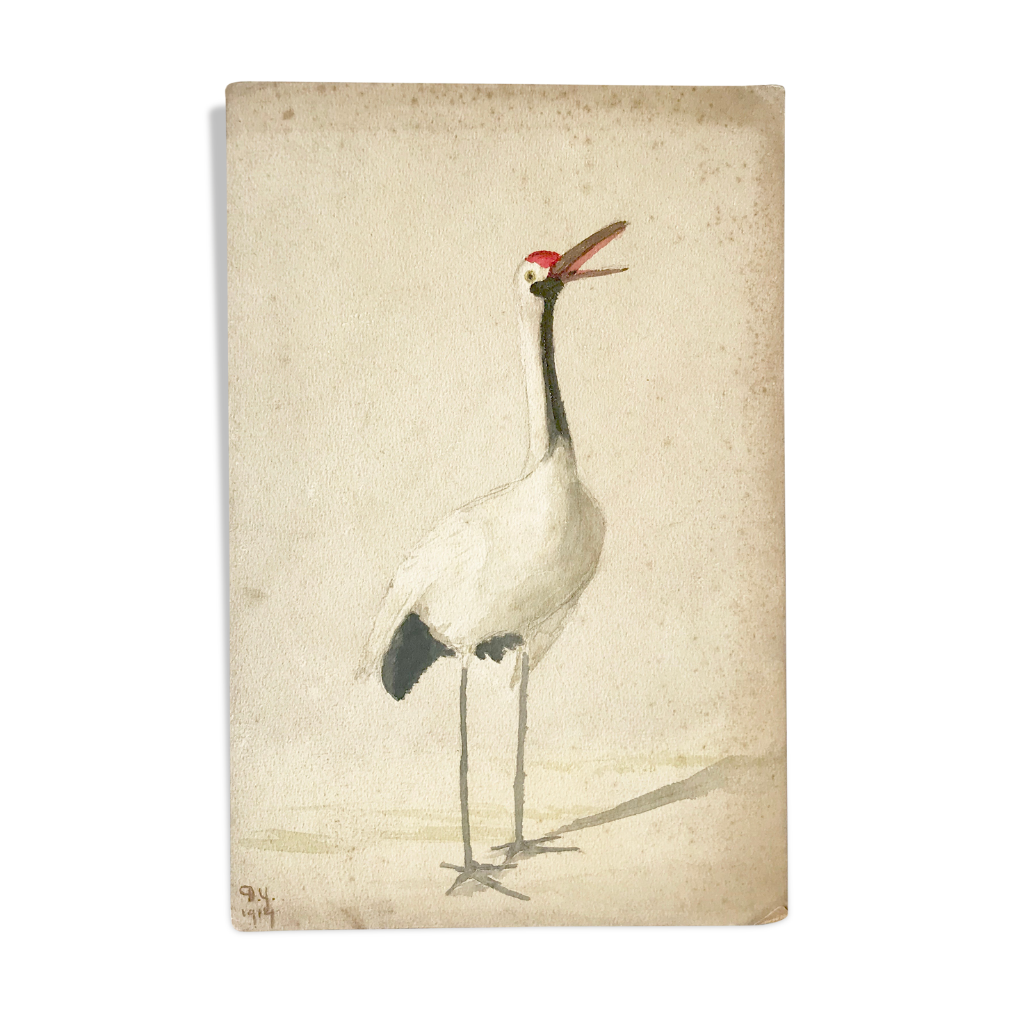Ancient watercolor on cardboard featuring a wader