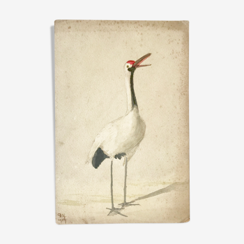 Ancient watercolor on cardboard featuring a wader