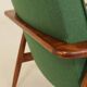 Scandinavian modern chair in green wool, vintage wooden armchair.