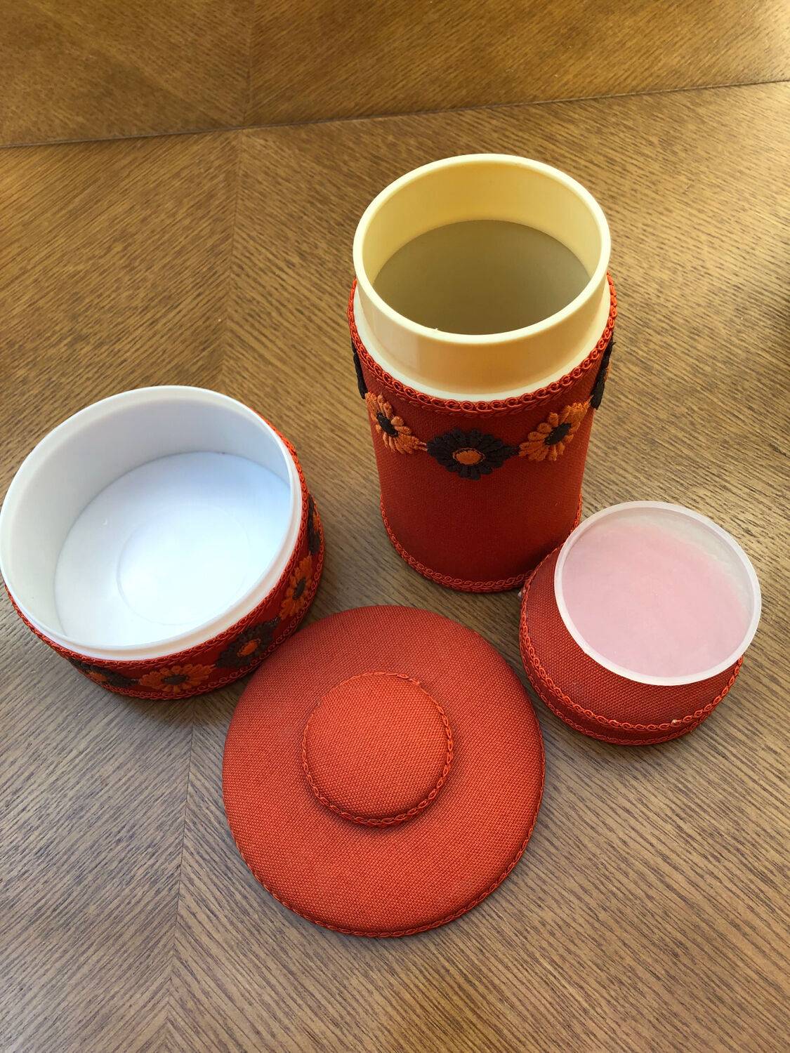Vintage orange toilet storage boxes