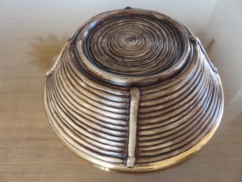 Ceramic basket with rattan and brass in the 70s