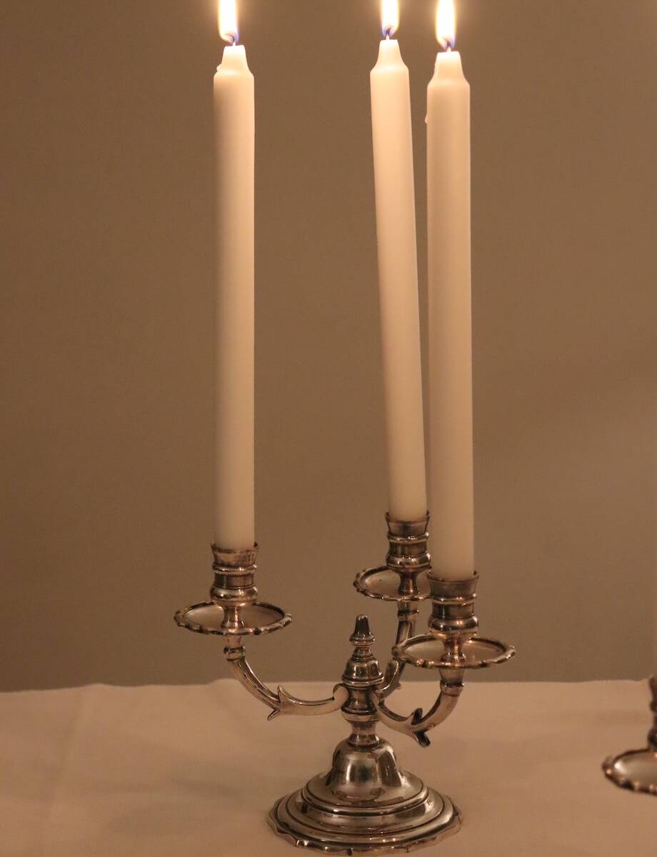 Pair of triangular 3-light candlesticks