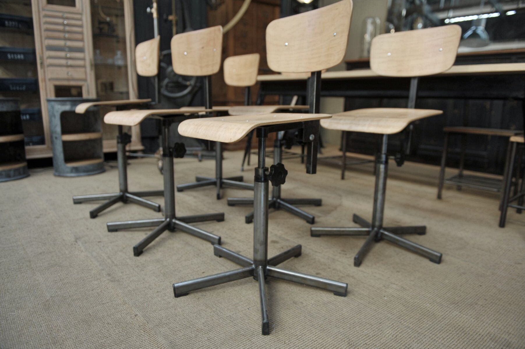 Industrial rotary and adjustable workshop chairs 1950s