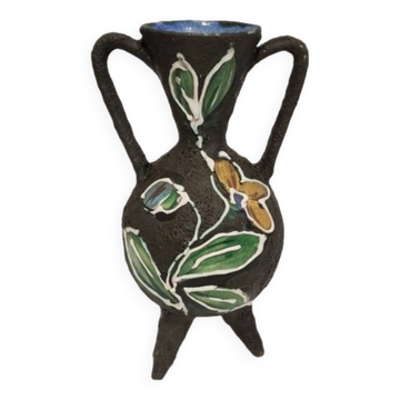 Vase à 2 anses décor floral émaillé