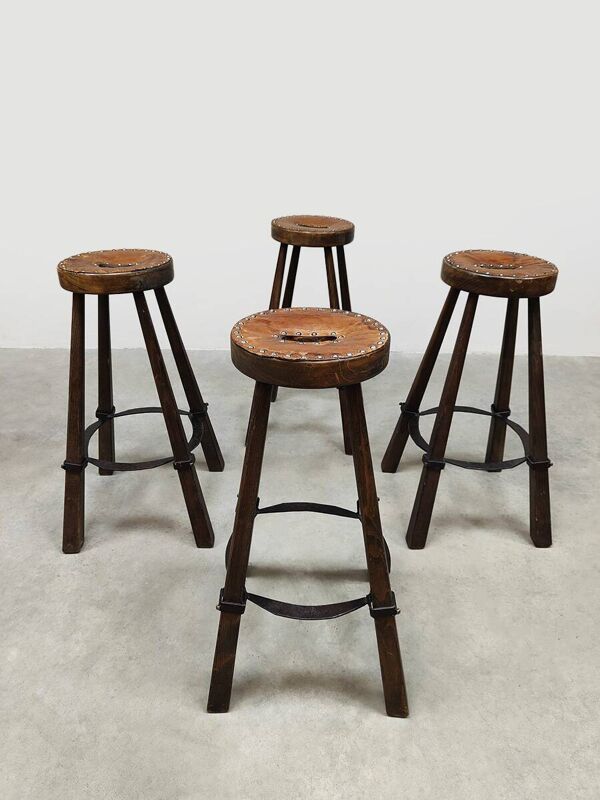 Tabourets de bar vintage en cuir espagnol « Brutalisme »