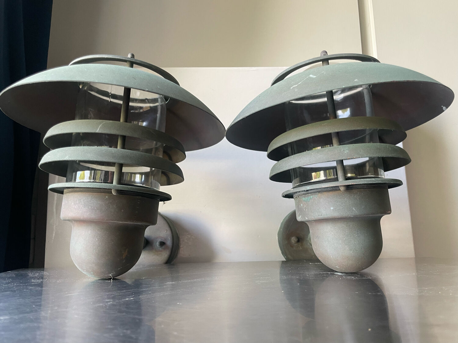 Pair of classic danish vintage outdoor wall lamps in copper