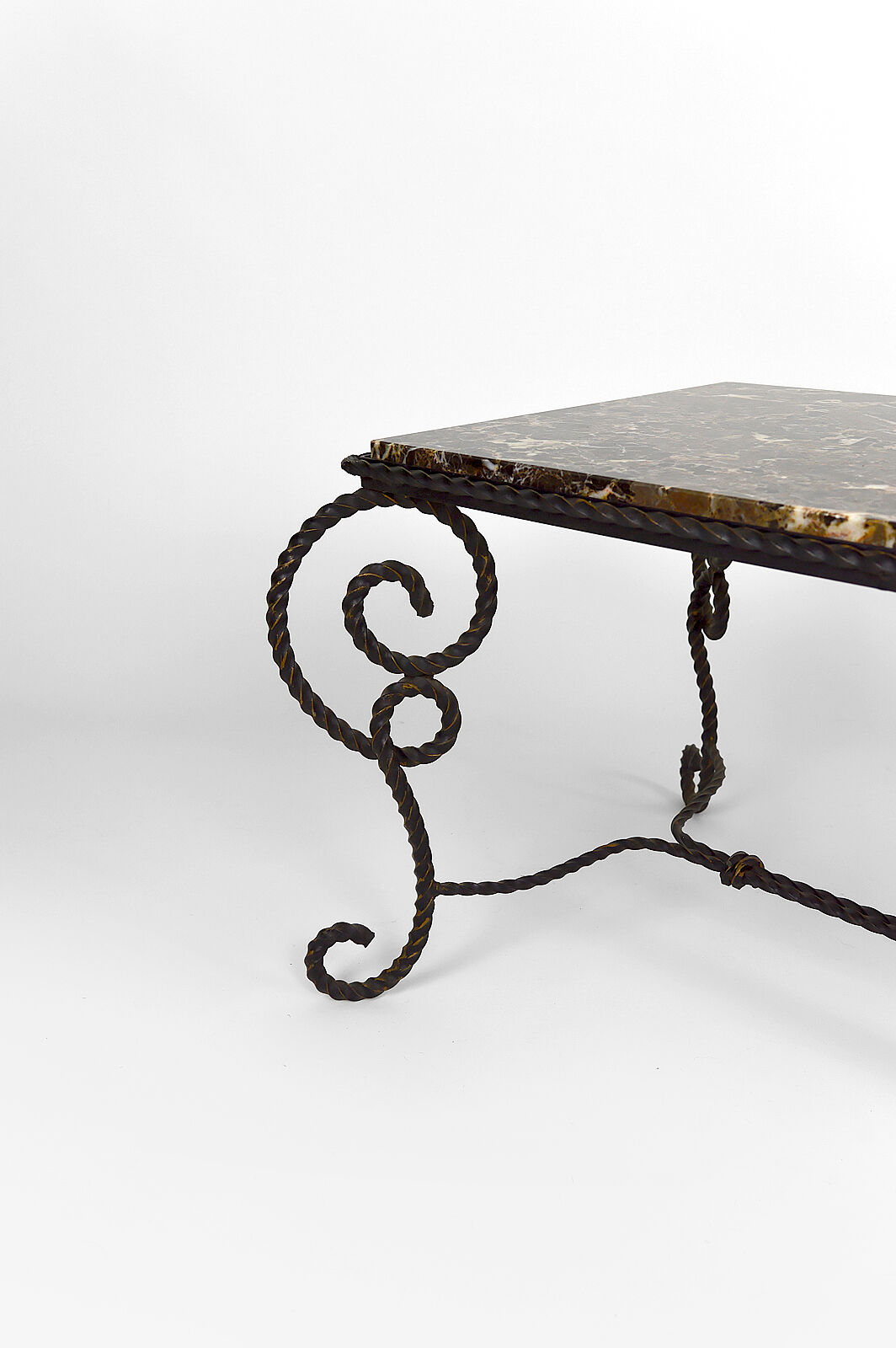 Coffee table in patinated wrought iron and marble, circa 1940