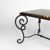 Coffee table in patinated wrought iron and marble, circa 1940