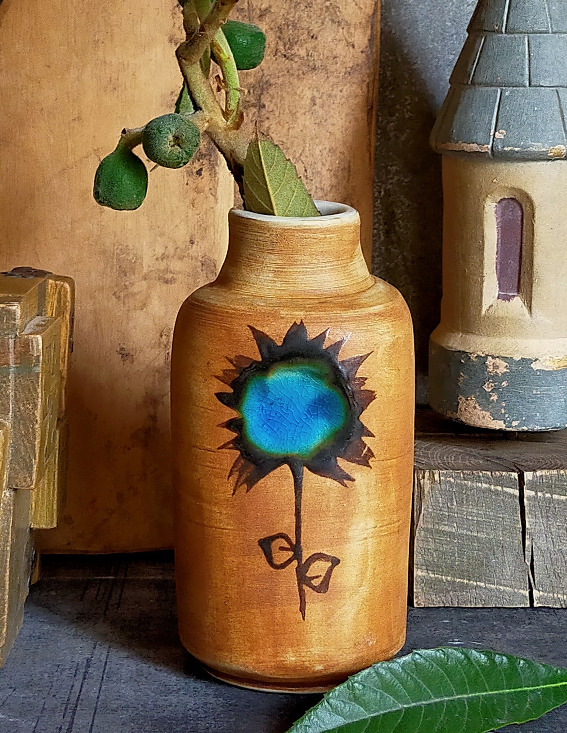 Ceramic vase "Poterie du Colombier" vintage blue sun