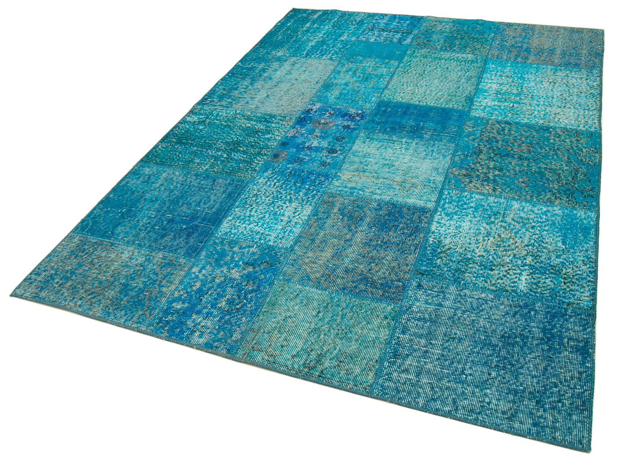 Hand-knotted oriental overdyed 170 cm x 244 cm turquoise patchwork rug