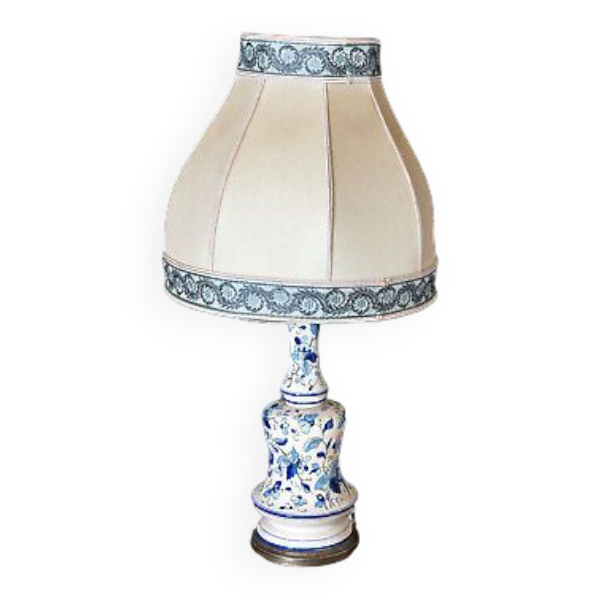 Blue and white ceramic lamp Floral decoration XXth Velvet lampshade