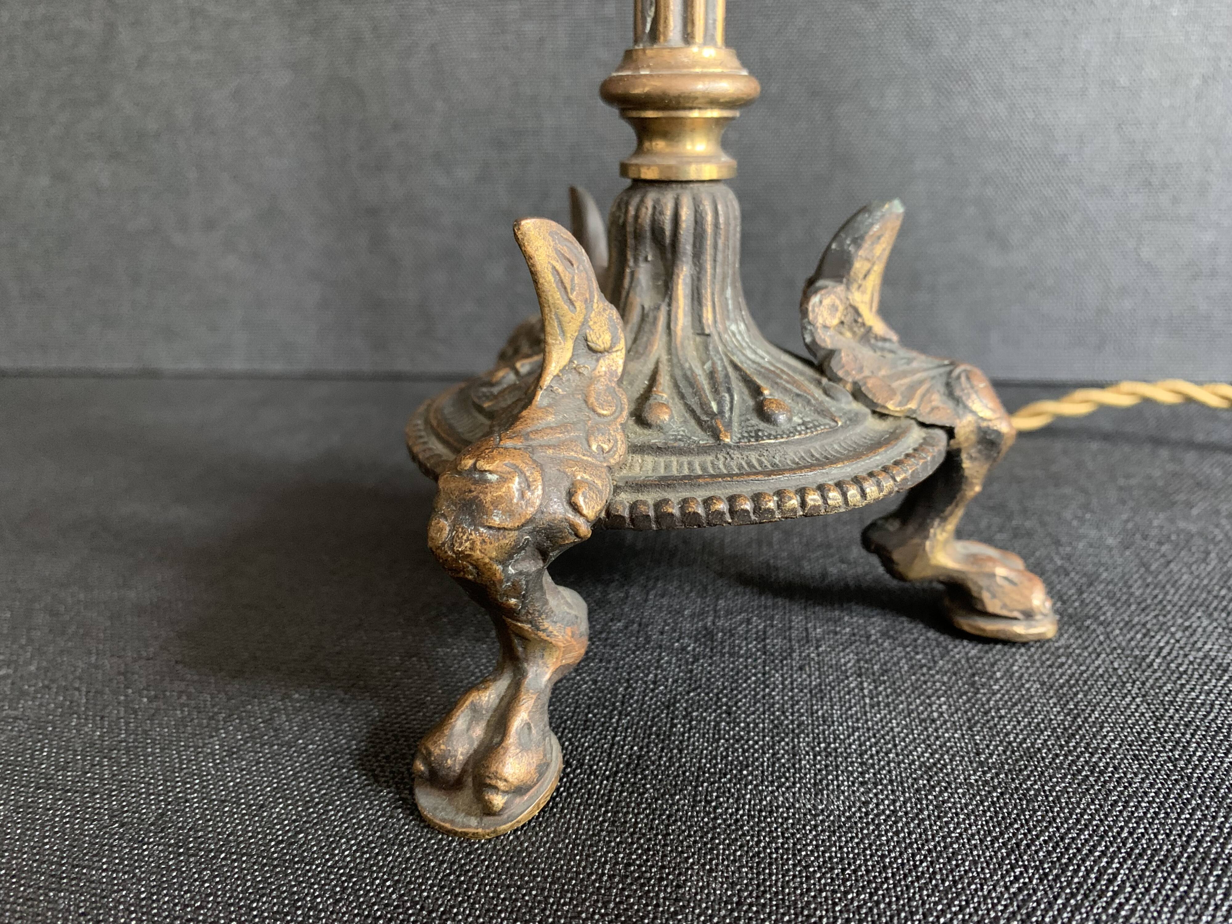 Napoleon III lion paw lamp, bronze tripod lamp