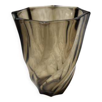 Small translucent dark brown twisted glass vase