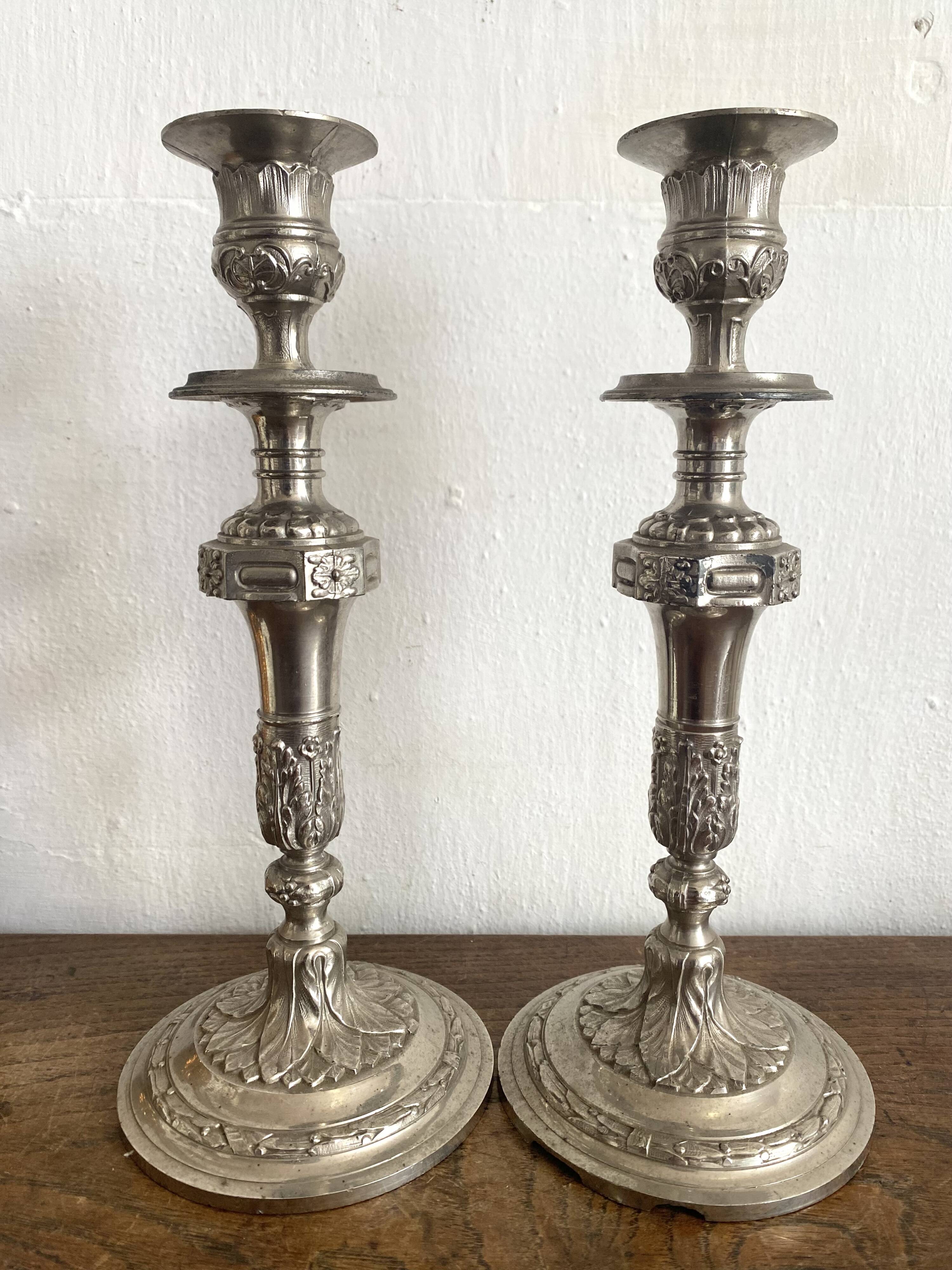 Antique silver-plated metal candlesticks