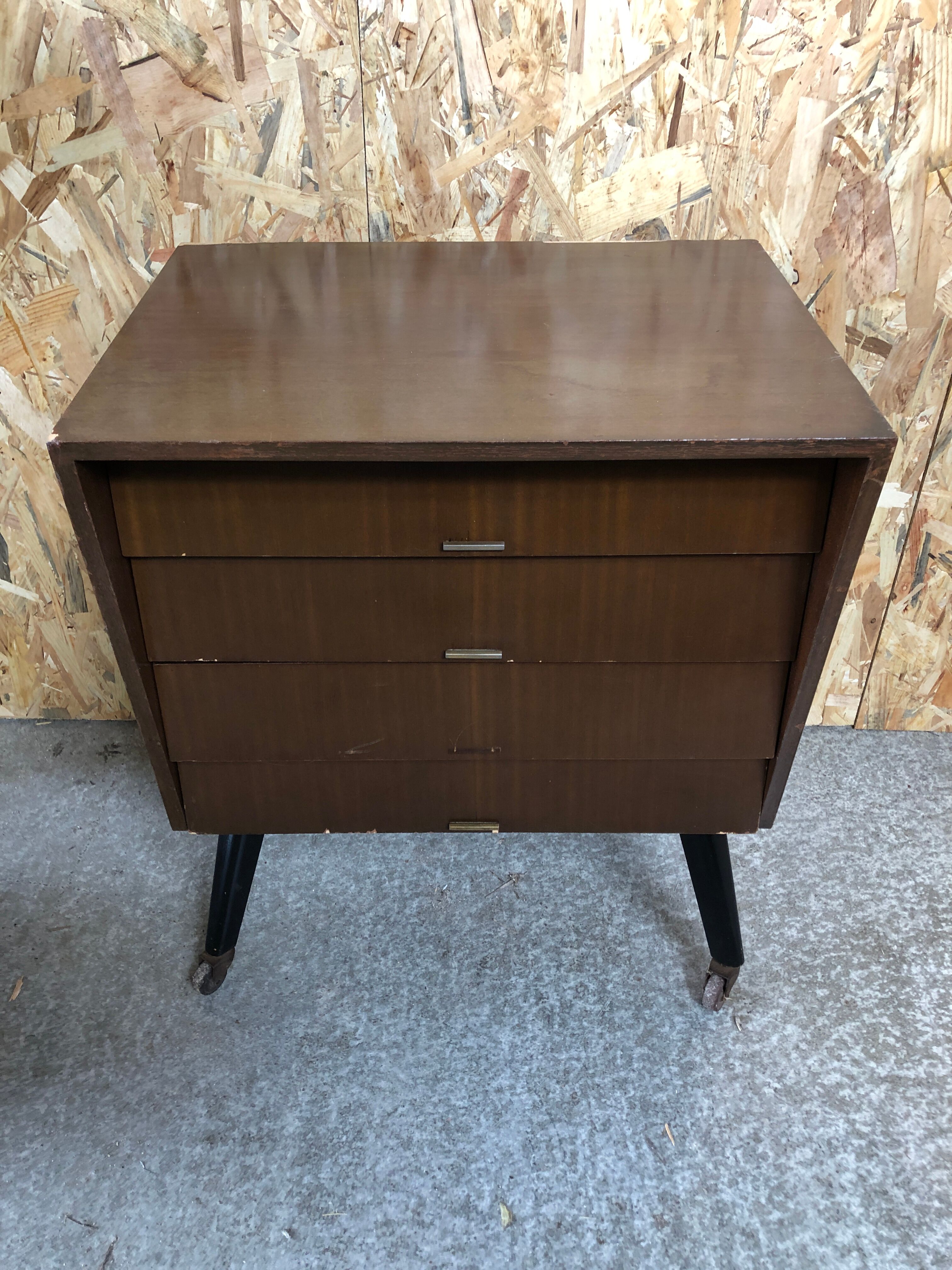 Old chest of drawers 4 drawers wood feet compass black + castors 70s vintage