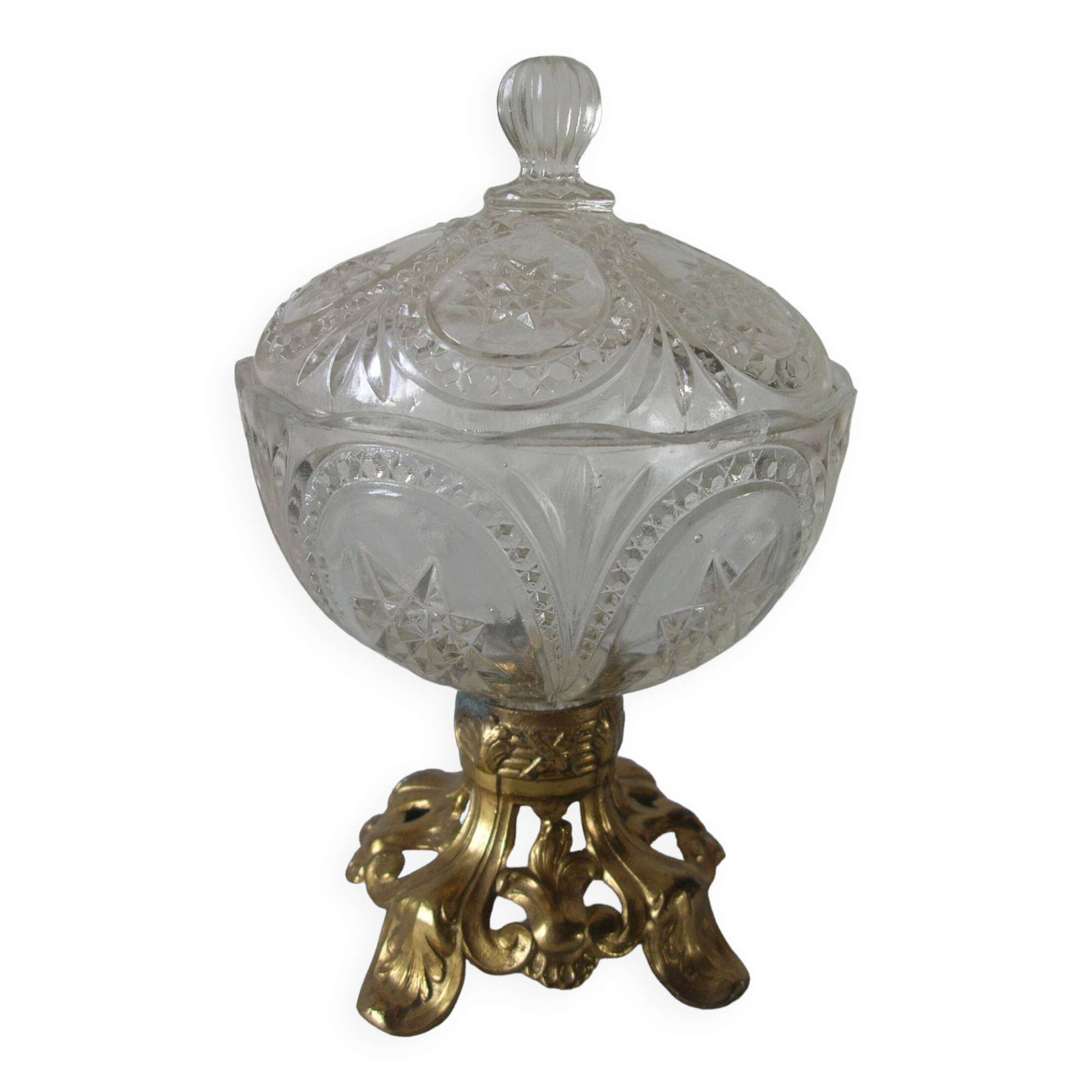 Old candy box sugar bowl molded glass pot on brass base decorative centerpiece