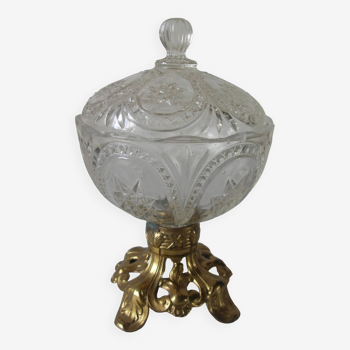 Ancienne bonbonnière sucrier pot en verre moulé sur socle en laiton déco centre de table