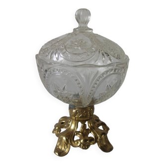 Old candy box sugar bowl molded glass pot on brass base decorative centerpiece