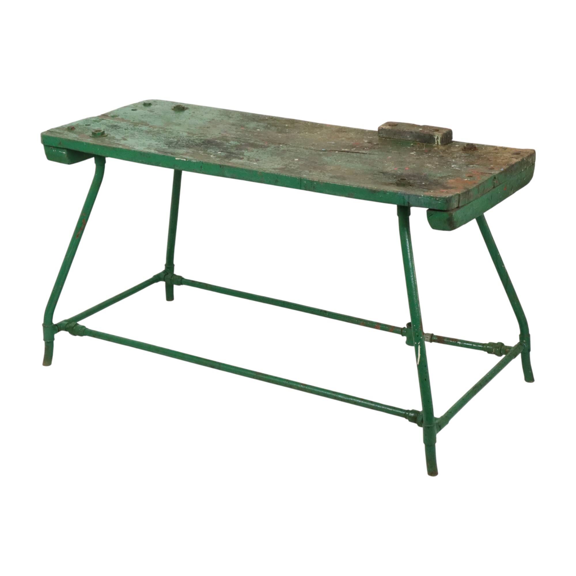 Unique Green Industrial Workbench Work Table Wood Metal 160cm