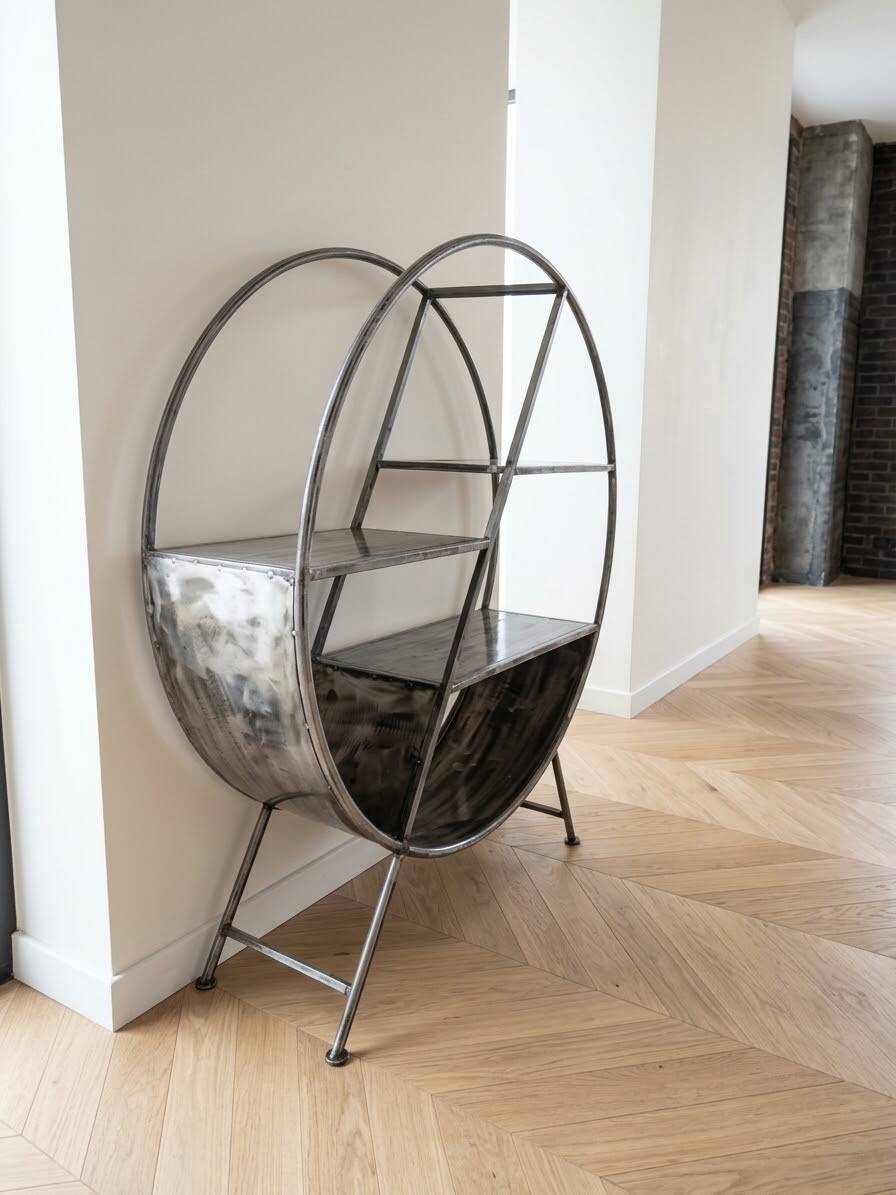 Round shelf on a stand in industrial style made of steel.