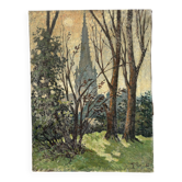 L’église d’Harfleur, huile sur toile signé Thecle Robert (1894-1950)