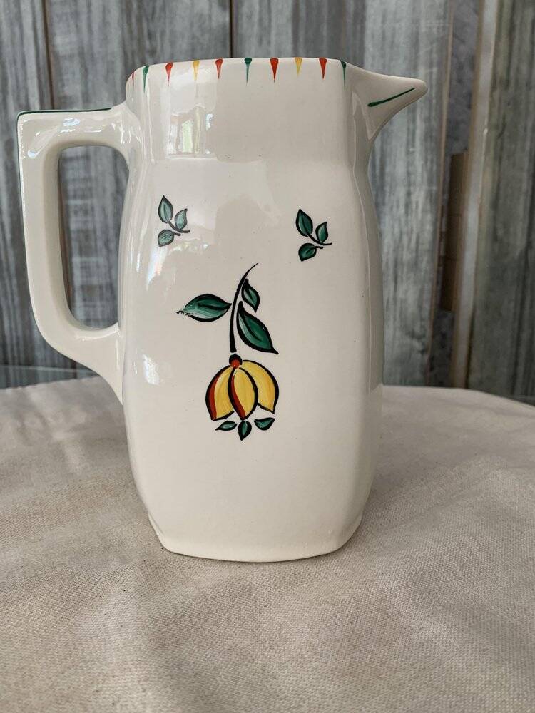 Vintage multicoloured ceramic water jug - Hungarian folk decoration, 1960s