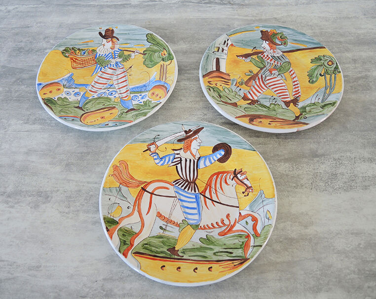 3 old majolica plates from montelupo signature hand decor
