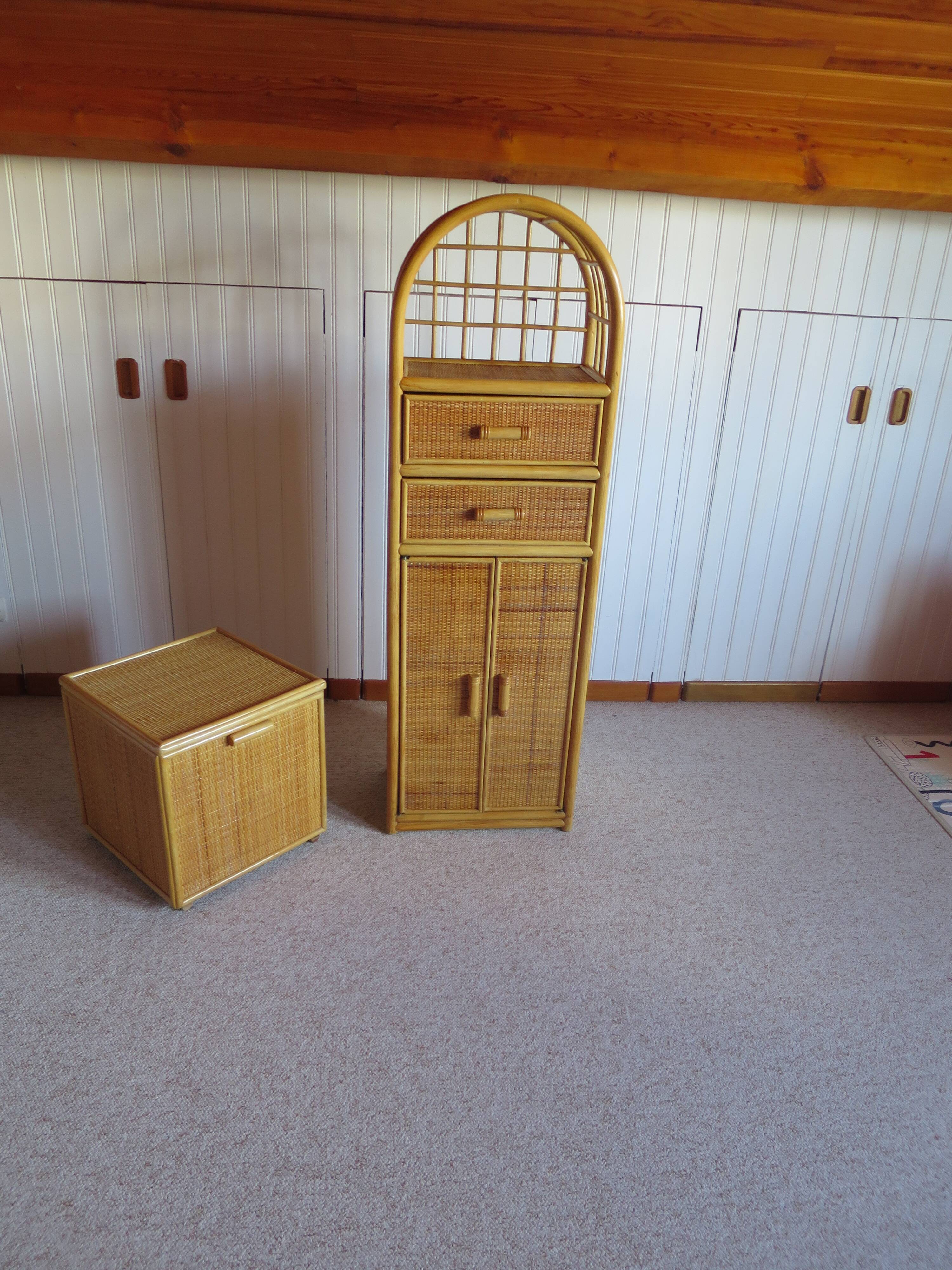Vintage Library - 2 drawers - Woven rattan cupboard - 1980s - natural