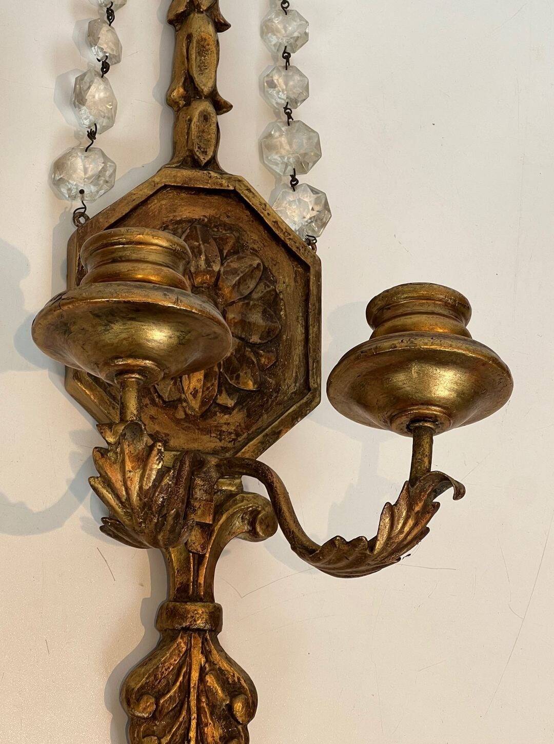 Important Pair of Gilded Carved Wood Wall Lights with Crystal Garlands