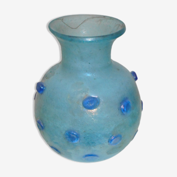 Magnificent bluish vase, blown glass, decorated with cabochons