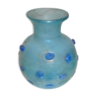 Magnificent bluish vase, blown glass, decorated with cabochons