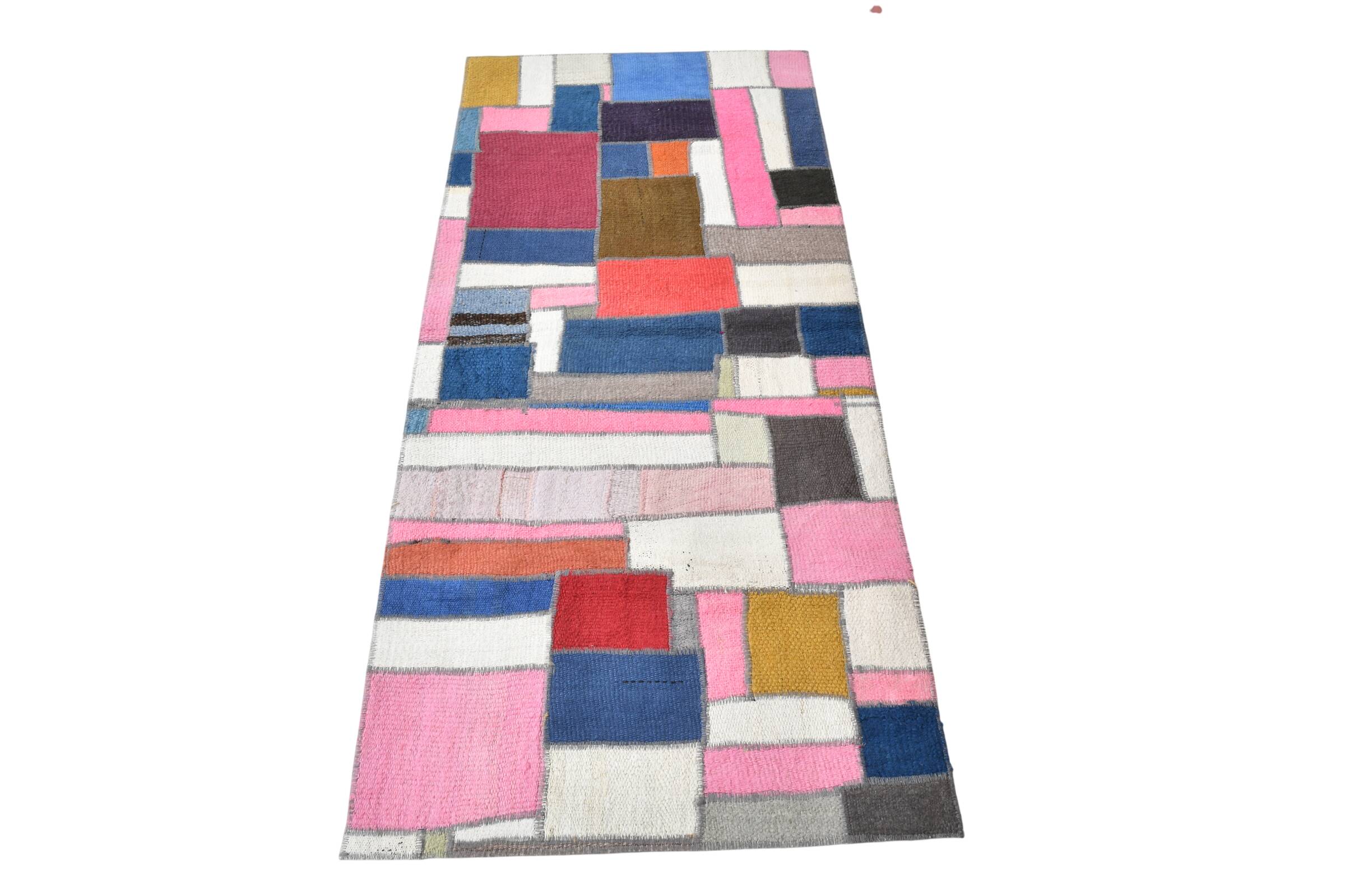 2x5 Pink & Blue Contemporary Kilim Runner Rug, 68x155Cm